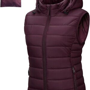 Women's Lightweight Packable Hooded Puffer Vest Outerwear Zip Up Warm Sleeveless